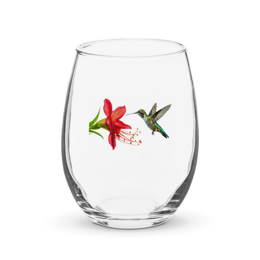 hummingbird and red flower on a wine glass
