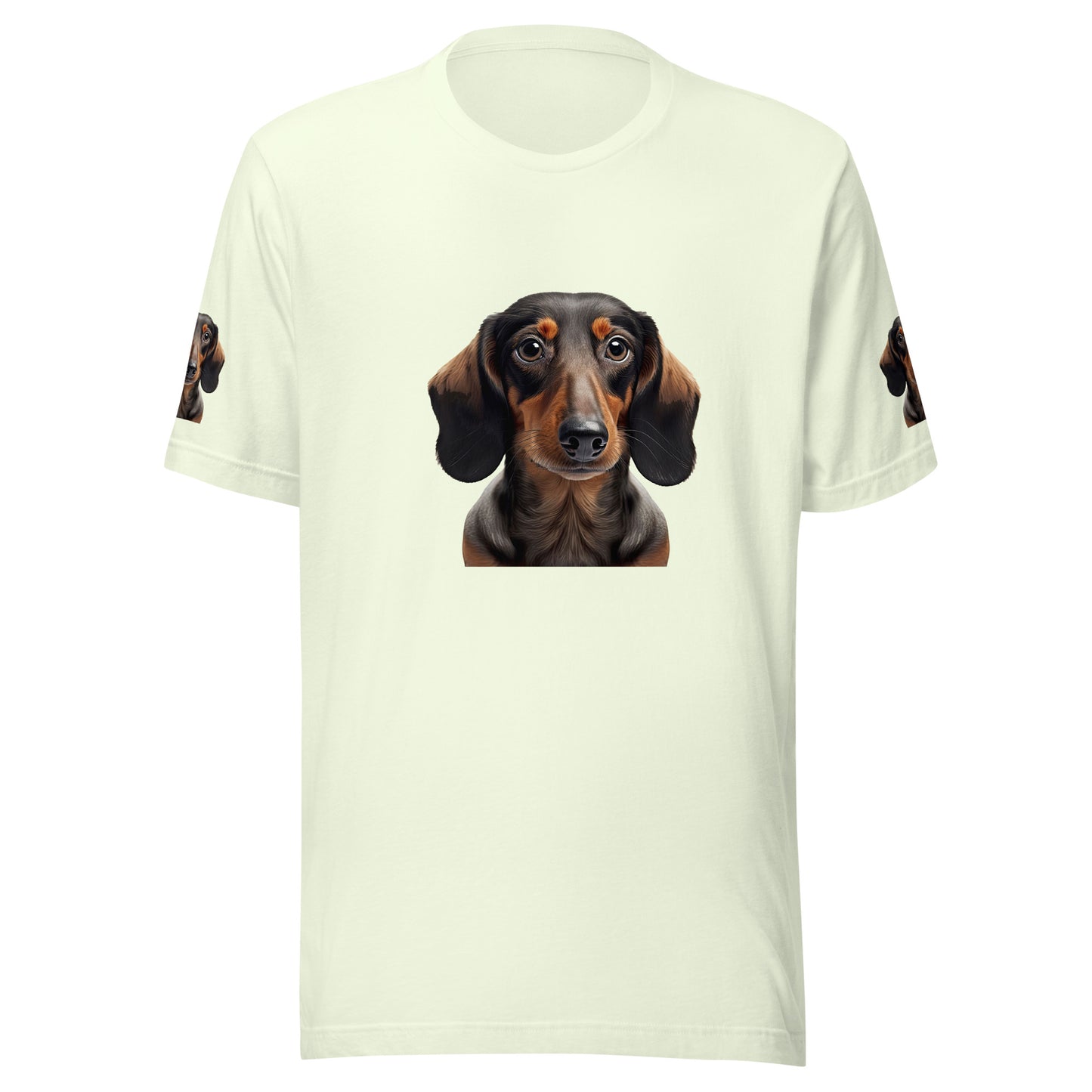 Women and Men's (Unisex) T-shirt printed with a portrait of a Dachshund