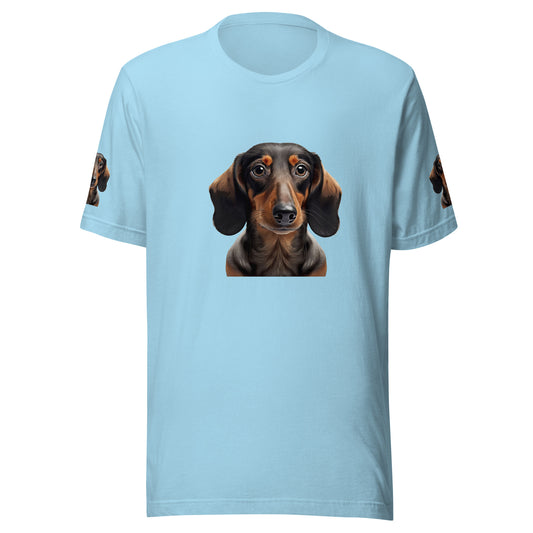 Women and Men's (Unisex) T-shirt printed with a portrait of a Dachshund