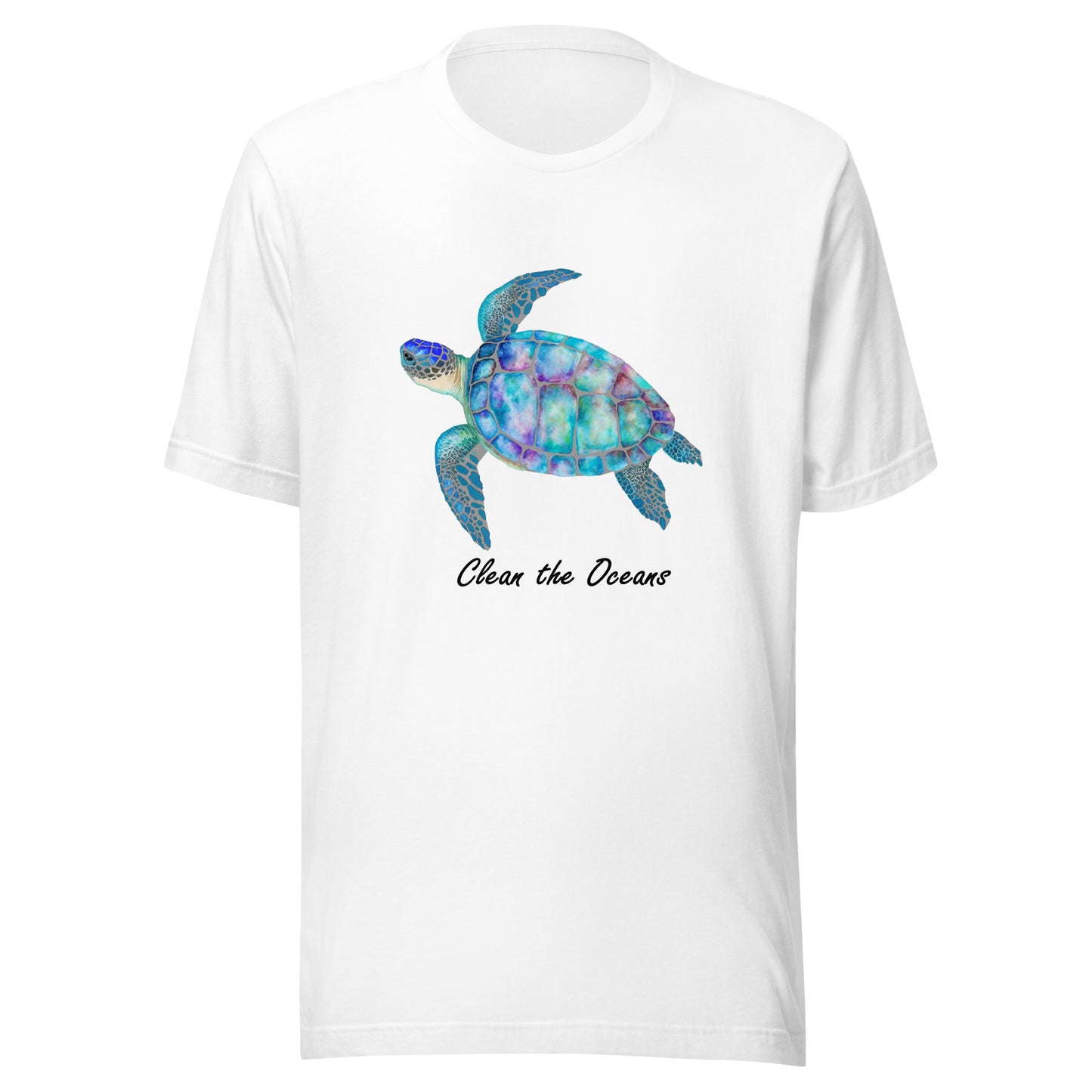 Women and Men's (Unisex) T-Shirt Printed with a Turtle labeled "Protect the Oceans"