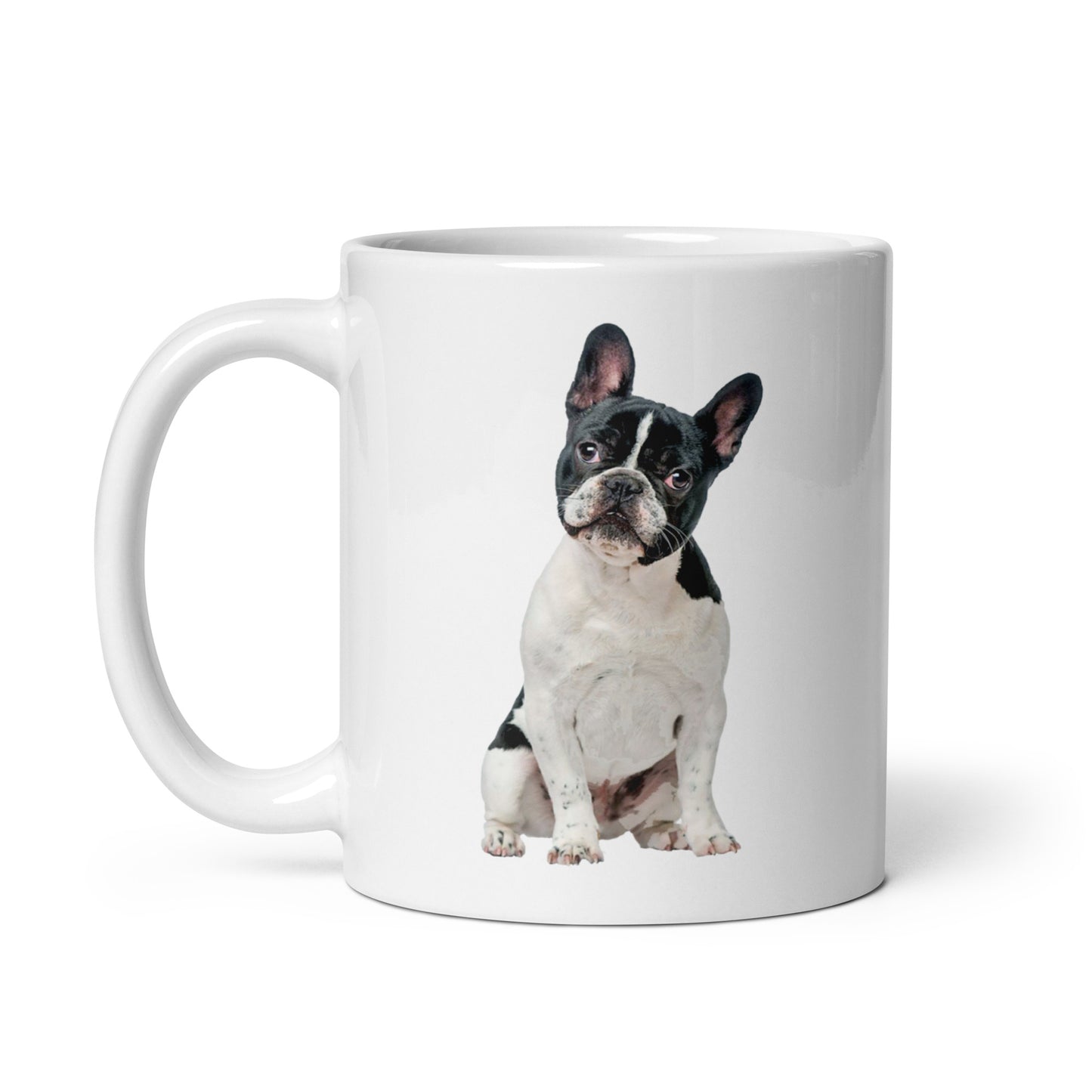White glossy mug printed with a French bull dog