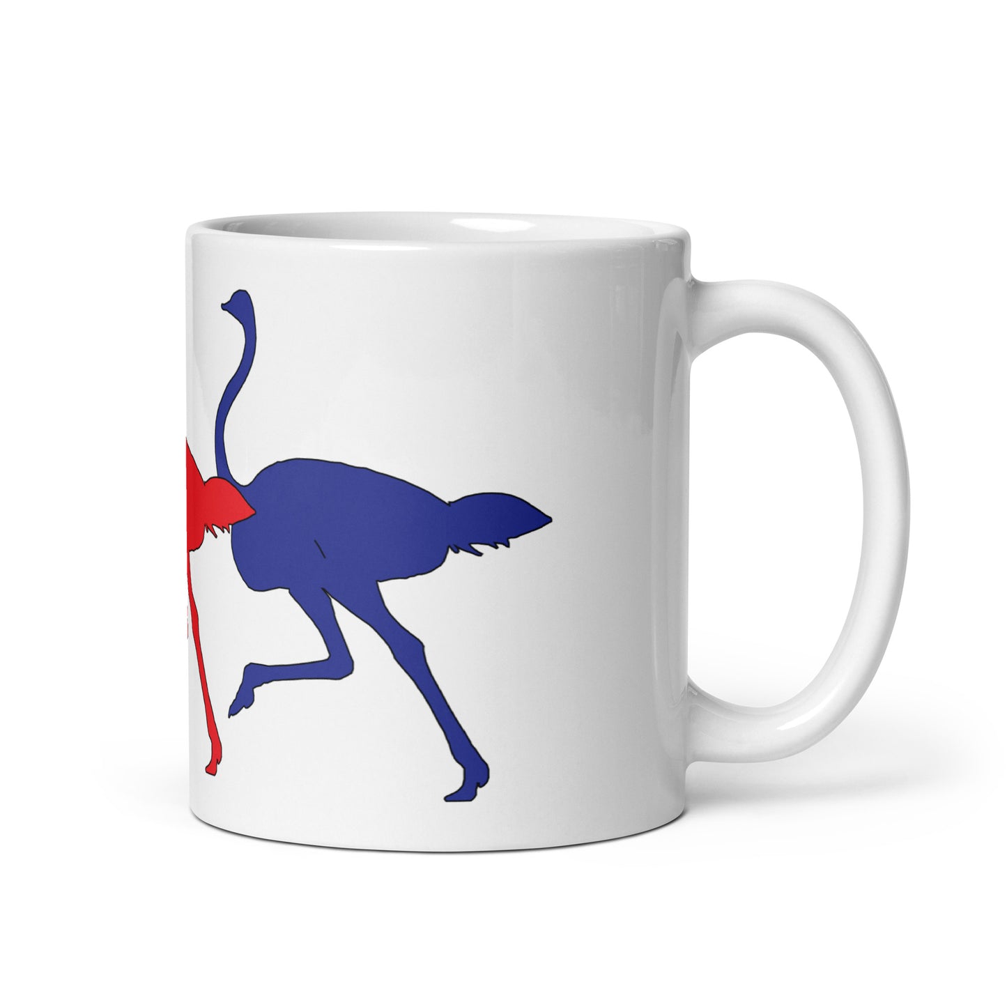 Glossy Mug printed with Colourful Running Ostriches.