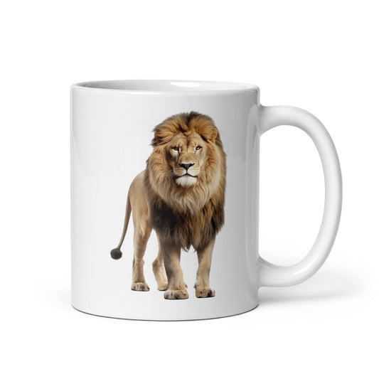 White glossy mug  printed with a lion