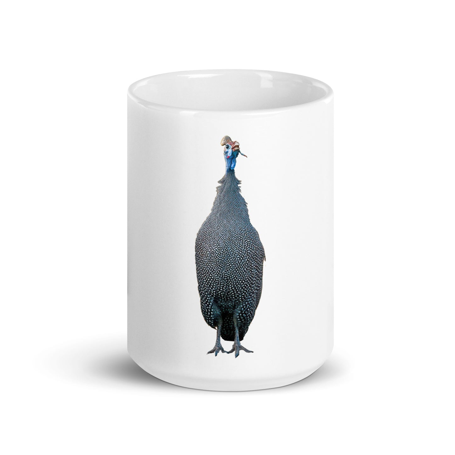 White Glossy Mug printed with a crowned Guinea fowl