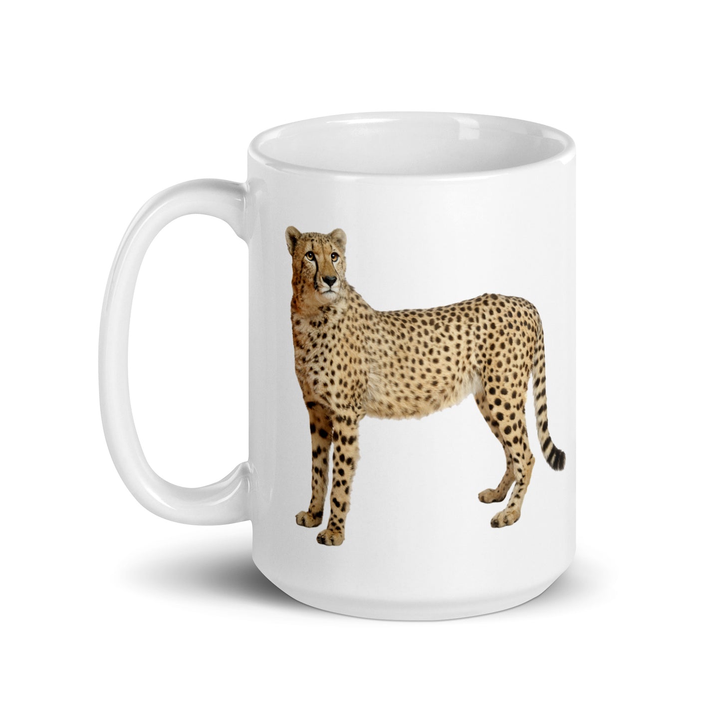 White Glossy Mug printed with a Cheetah
