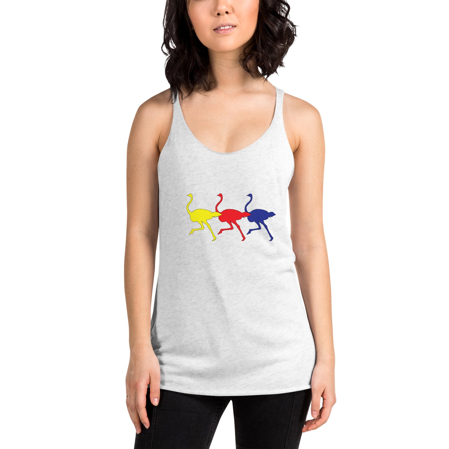 Womens Racerback Tank Top Printed with Colouful Running Ostriches