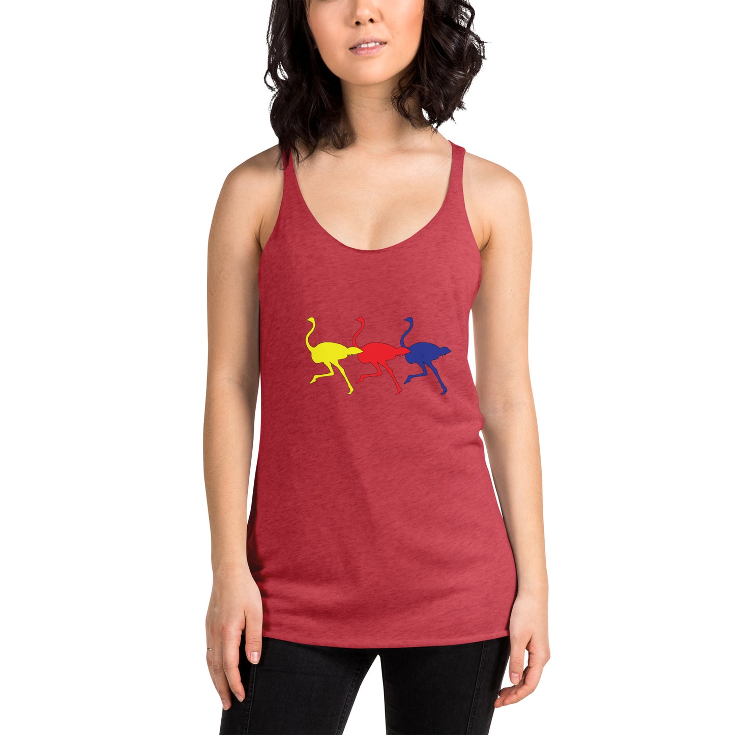 Womens Racerback Tank Top Printed with Colouful Running Ostriches