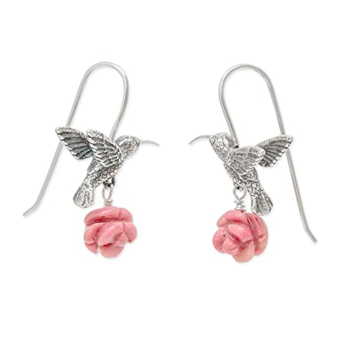 Sterling Silver  Hummingbird Earrings perched on a pink rose