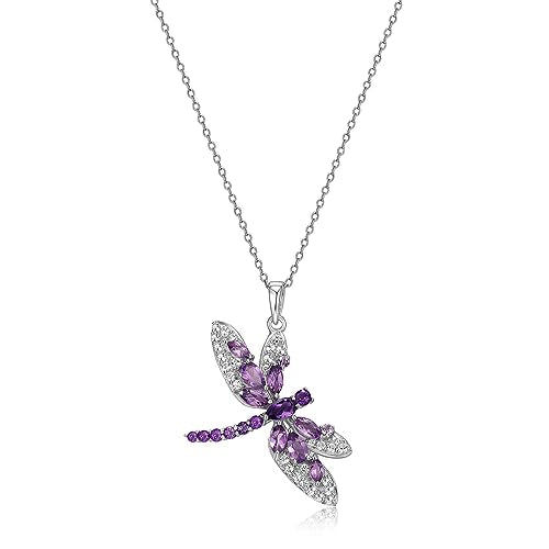 Sterling Silver Necklace featuring a dragonfly with Genuine African and Brazilian Amethyst gemstones