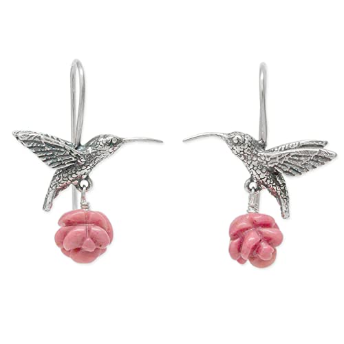 Sterling Silver  Hummingbird Earrings perched on a pink rose