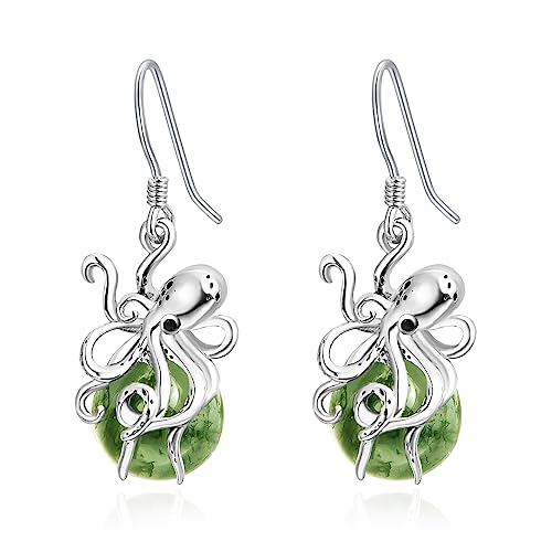 Sterling Silver Earings with an Octopus clutching a Moss Agate stone