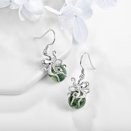 Sterling Silver Earings with an Octopus clutching a Moss Agate stone