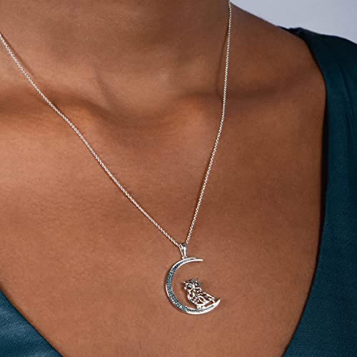 Sterling Silver Necklace featuring an owl - set with treated Blue Round Diamond Accent