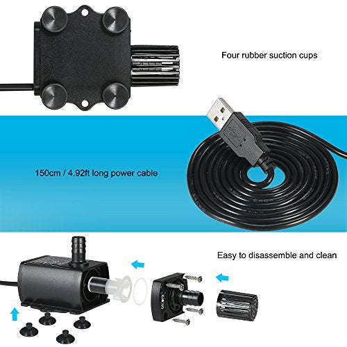 Decdeal USB DC5V 4.8W 300L/H Elevación 300cm Mini Bomba de Agua Ultrasilencioso, Sin Cepillo, Impermeable, Sumergible, para Circulación de Fuente Acuario