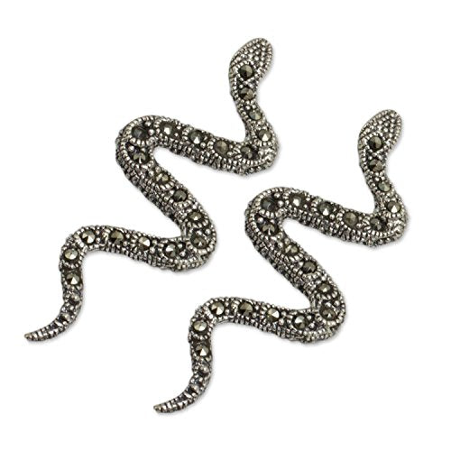 Sterling Silver Marcasite Drop Earrings Grey - Themed Snake